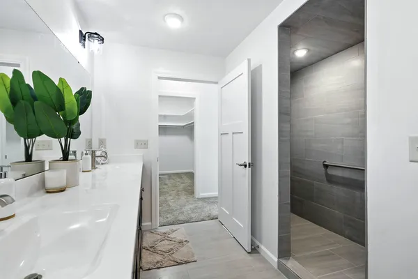 a bathroom with a shower and a sink