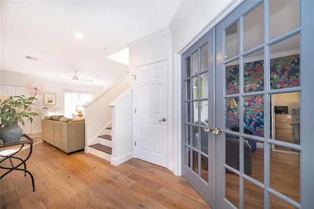 a view of a hallway with seating area