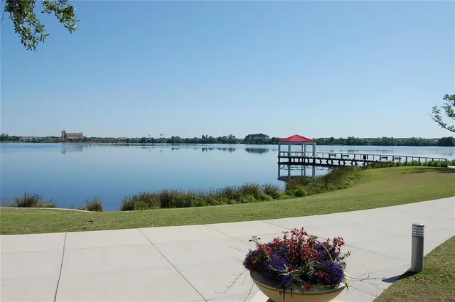 a view of a lake with a outdoor space