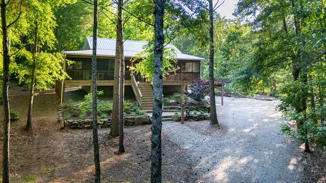 a view of a chairs and table in the backyard