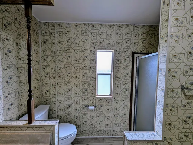 a bathroom with a toilet and a shower