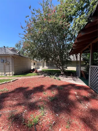 a view of a backyard with large trees