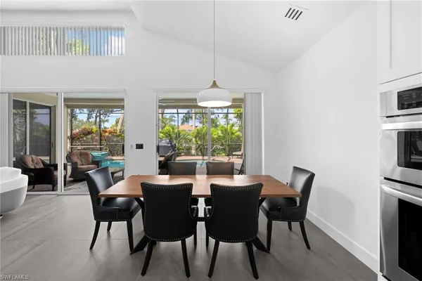a view of a dining room with furniture window and outside view