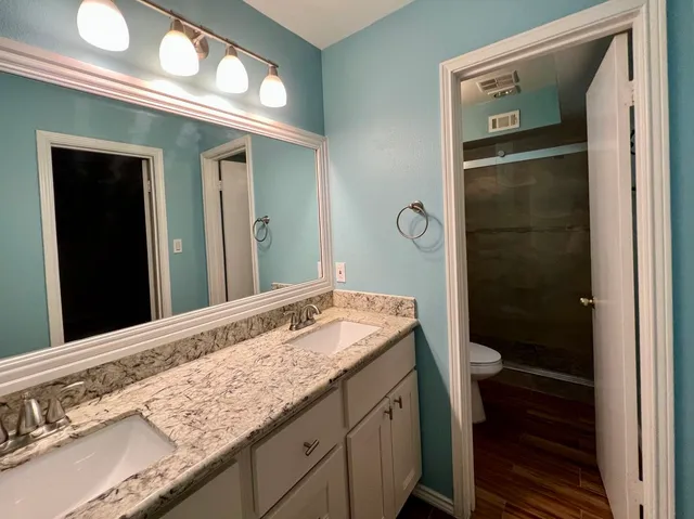 a bathroom with a granite countertop sink toilet and shower