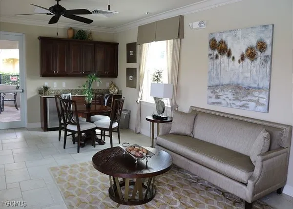 a view of a dining room with furniture