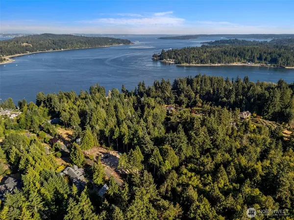 an aerial view of a houses with a lake view