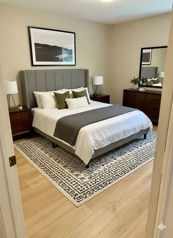 a bedroom with a bed and a lamp on table