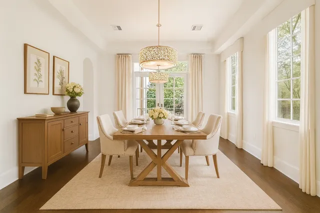 a dining room with wooden floor a chandelier a wooden table and chairs