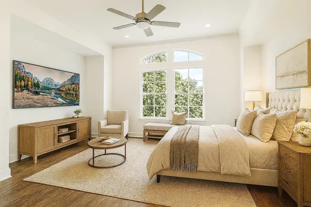 a bedroom with a bed and dresser with mirror