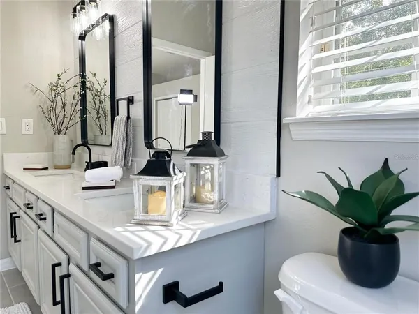 a bathroom with a sink a mirror and a potted plant