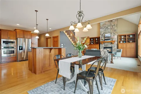 a view of a dining room with furniture
