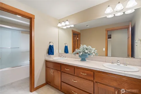 a bathroom with a double vanity sink mirror and shower