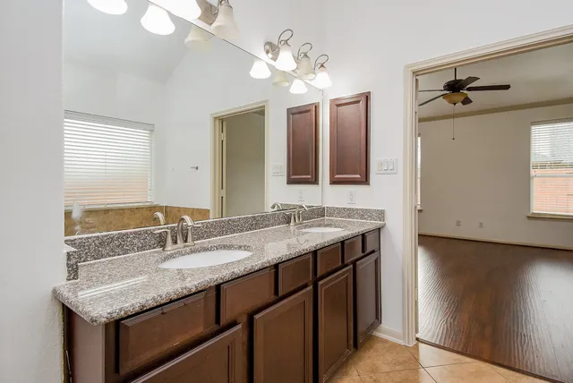 a bathroom with a granite countertop sink a large mirror and a vanity