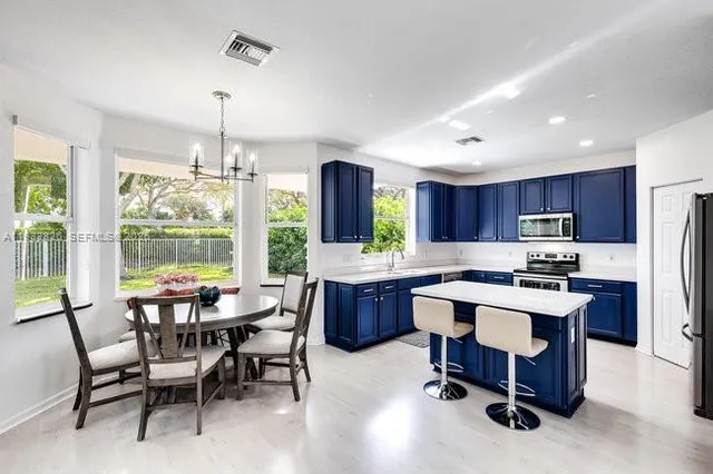 a view of a dining room with furniture window and outside view