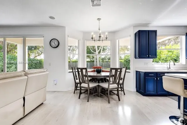 a view of a dining room with furniture window and outside view