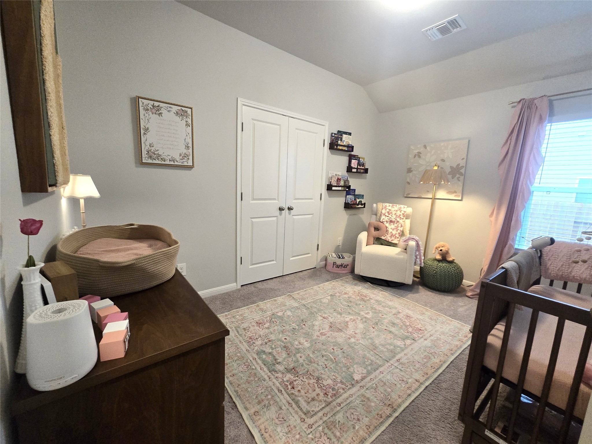 133 Boulder Ridge Trail Liberty Hill, TX 78642 - Photo 18 of 32 Carpeted bedroom with vaulted ceiling, a nursery area, and a closet