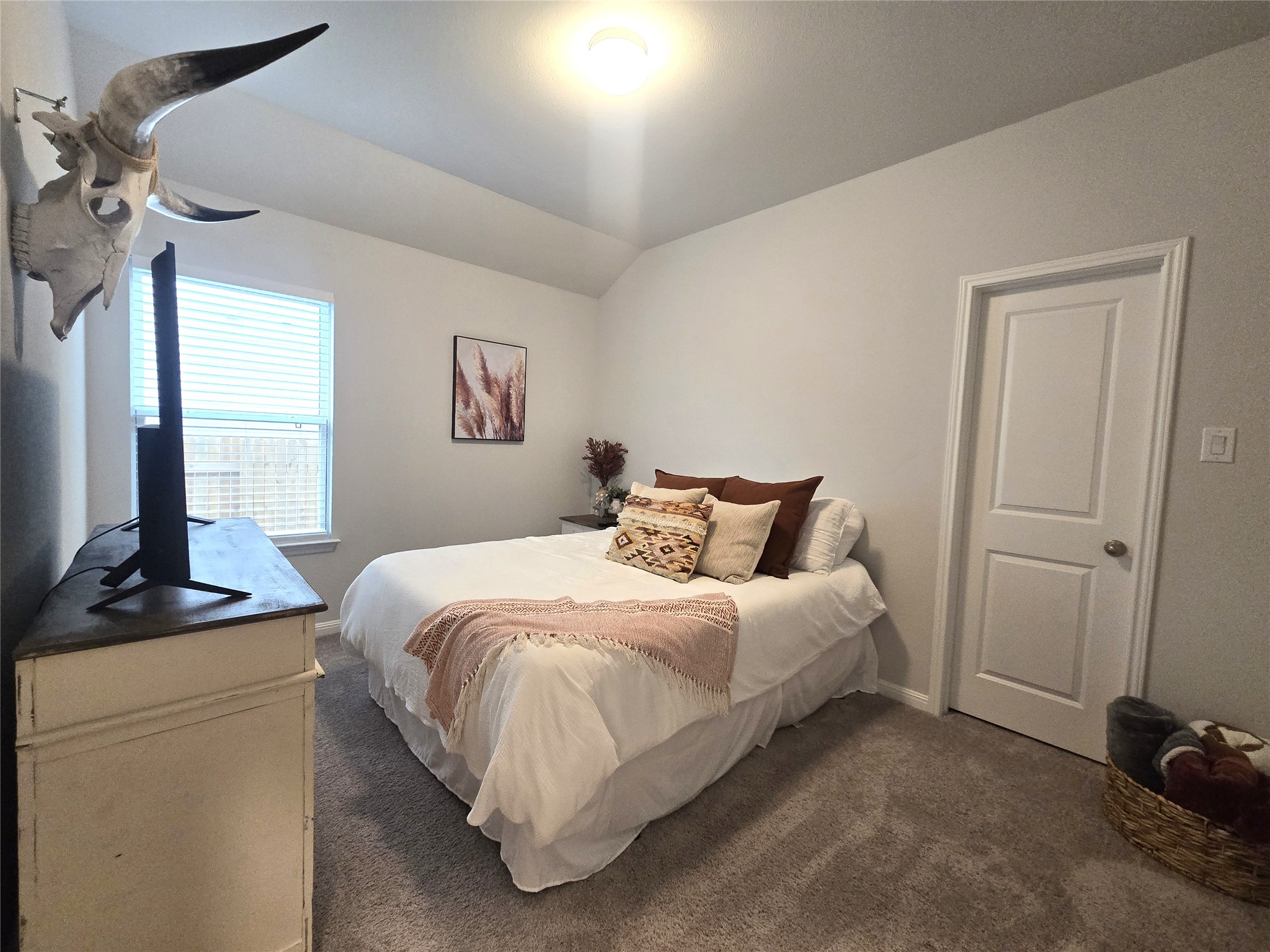 133 Boulder Ridge Trail Liberty Hill, TX 78642 - Photo 19 of 32 Bedroom featuring lofted ceiling and dark colored carpet