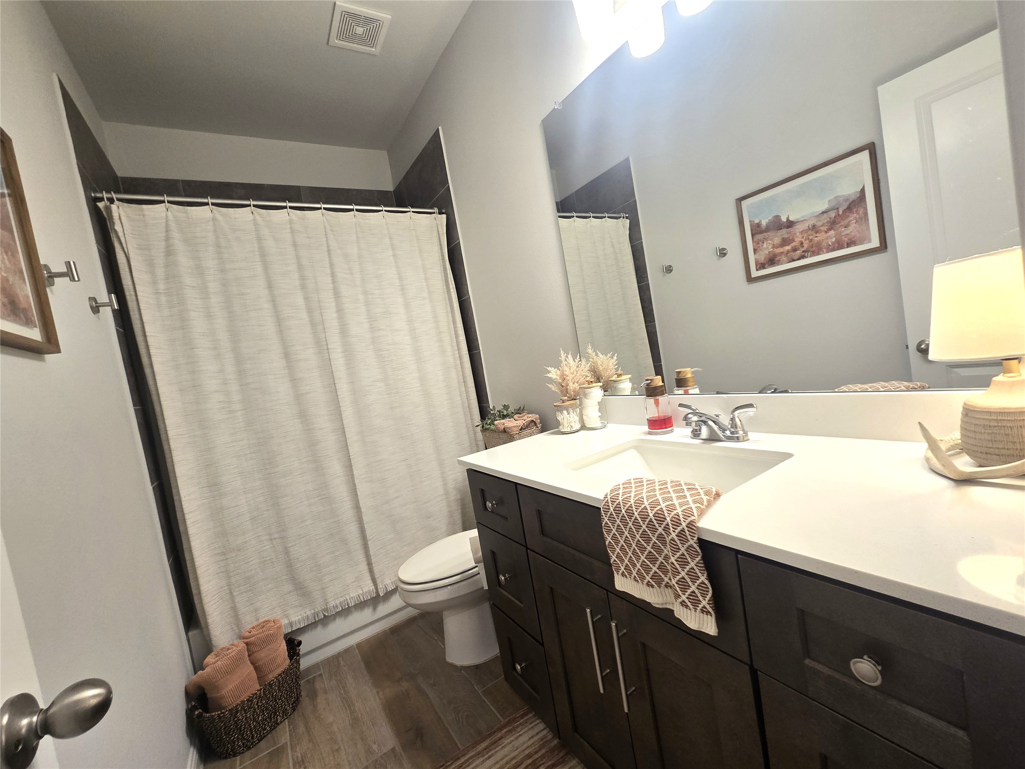133 Boulder Ridge Trail Liberty Hill, TX 78642 - Photo 21 of 32 Full bathroom featuring a shower with shower curtain, vanity, and dark wood-type flooring