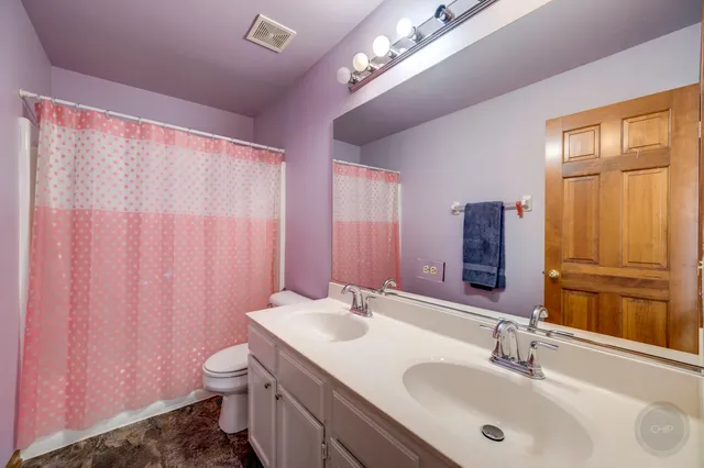 a bathroom with a sink a toilet and shower curtain