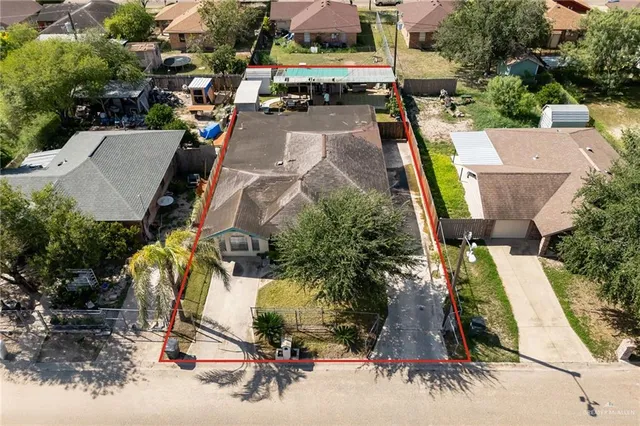 an aerial view of a swimming pool