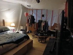 a bedroom with a bed and a closet