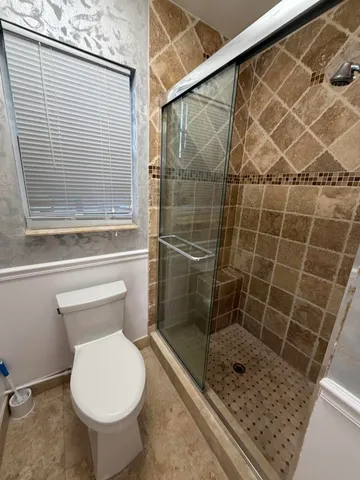 a bathroom with a shower and a toilet