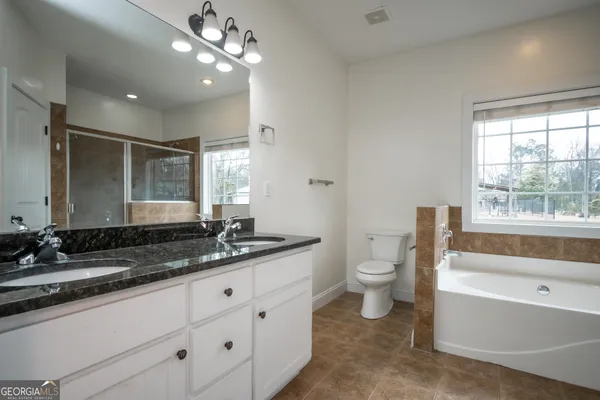 a bathroom with a granite countertop sink a large mirror a toilet and a bathtub