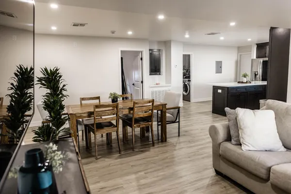 a view of a dining room with furniture