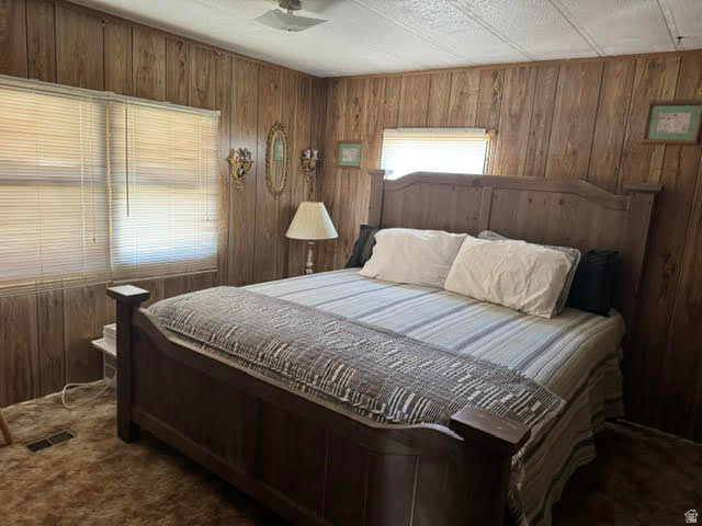 123 North 3rd Manila, UT 84046 - Photo 11 of 15 Wood-paneled room featuring two windows with horizontal blinds, textured ceiling, and plush carpeting