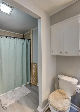 a bathroom with a toilet and a shower curtain