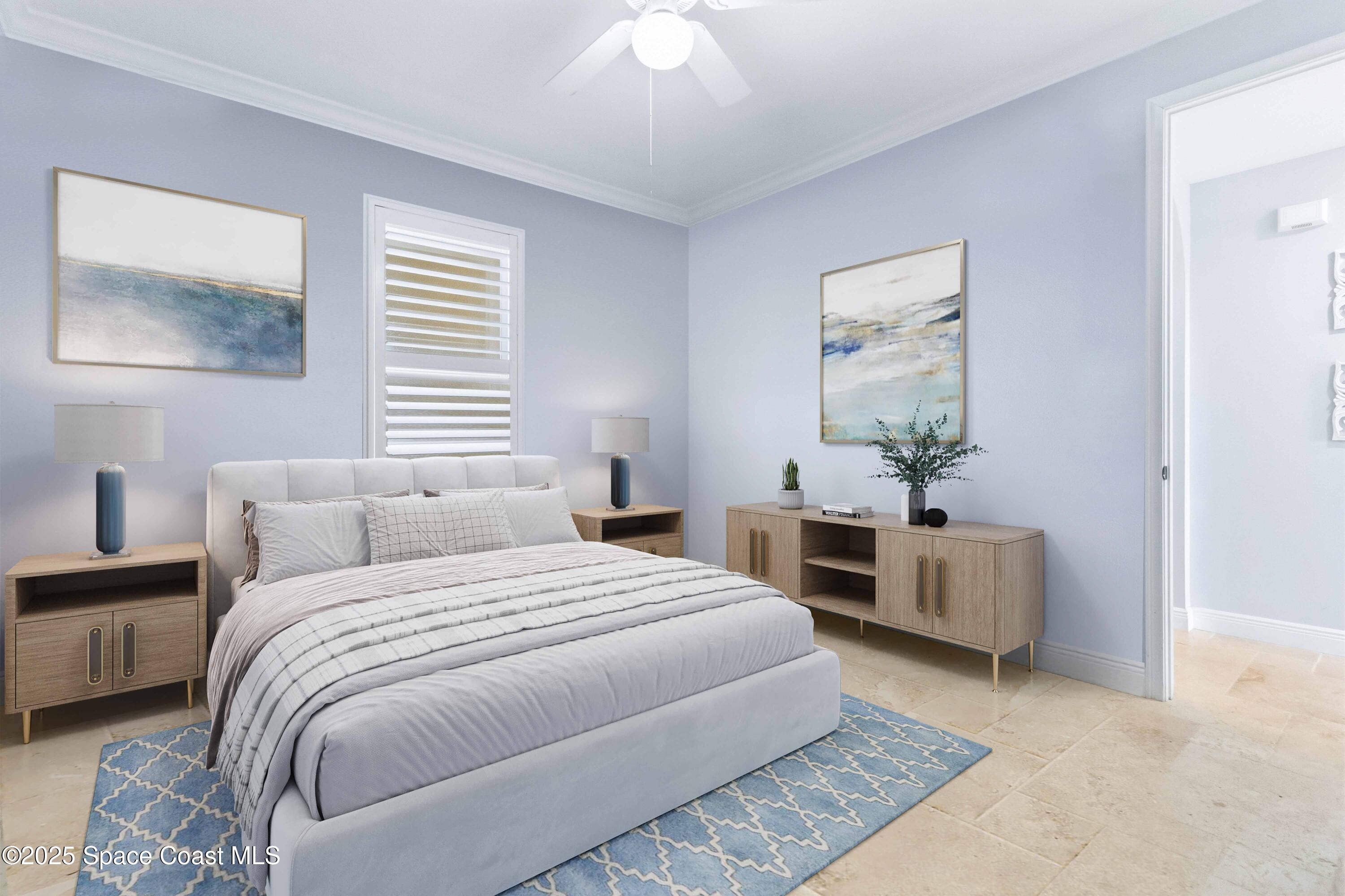 4125 West End Road, Unit 306 Cocoa Beach, FL 32931 - Photo 47 of 51 a bedroom with a bed and a chandelier