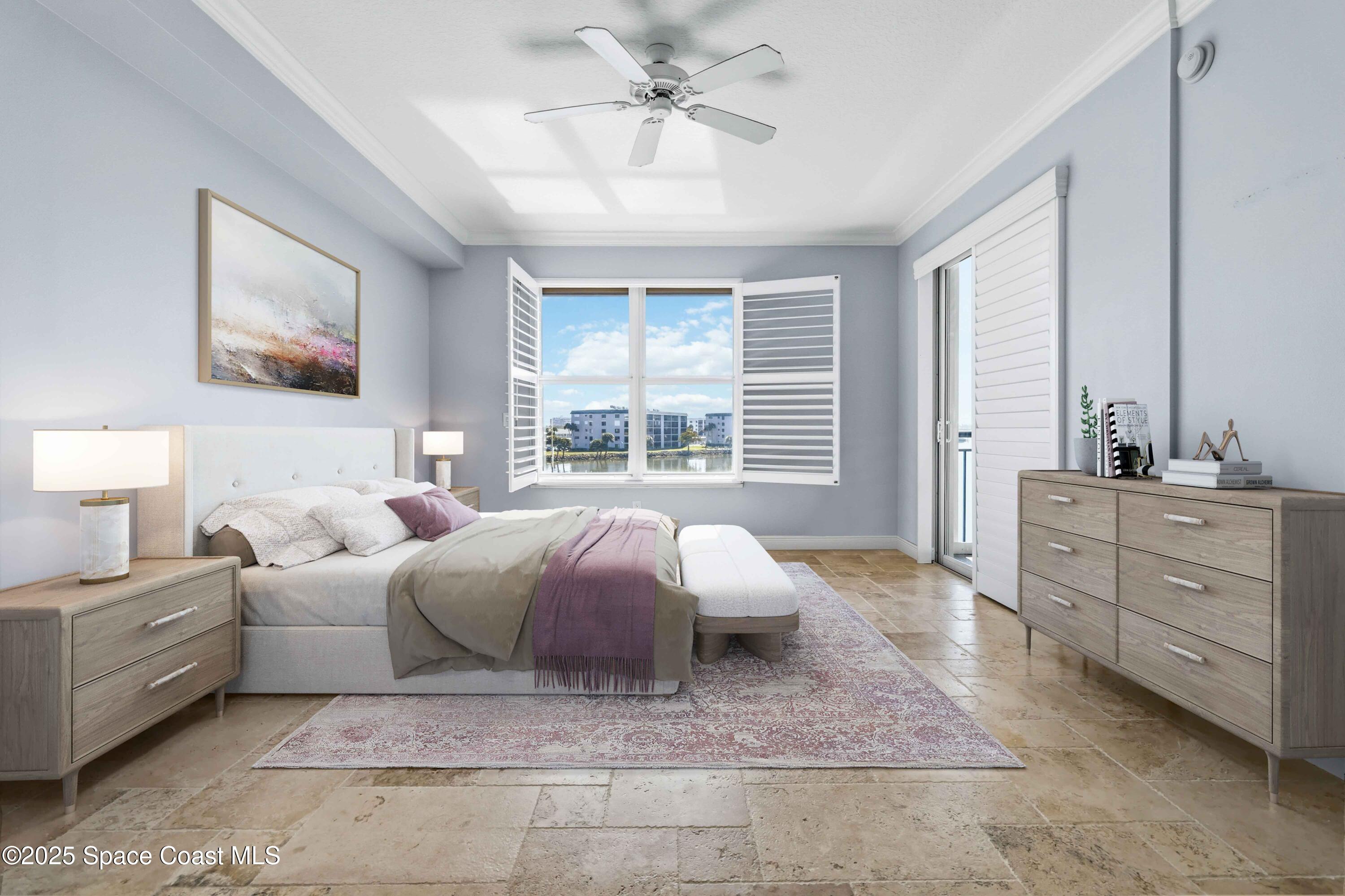 4125 West End Road, Unit 306 Cocoa Beach, FL 32931 - Photo 51 of 51 a spacious bedroom with a bed a dresser and a large window