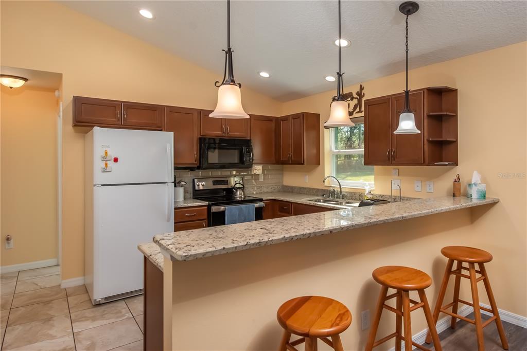 6140 Northwest 145th Avenue Road Morriston, FL 32668 - Photo 45 of 75 a kitchen with stainless steel appliances granite countertop a sink a stove and a refrigerator