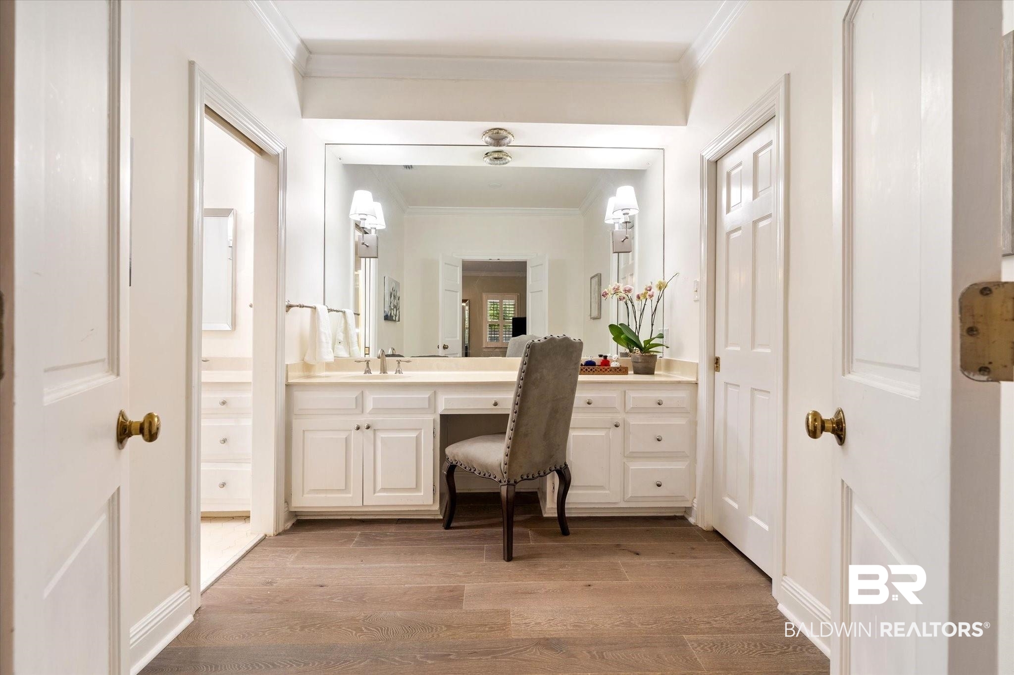5324 Oak Bend Court Mobile, AL 36609 - Photo 24 of 49 Bathroom with vanity, ornamental molding, and wood finished floors