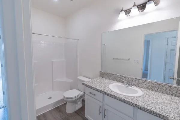 a bathroom with a granite countertop sink toilet and shower