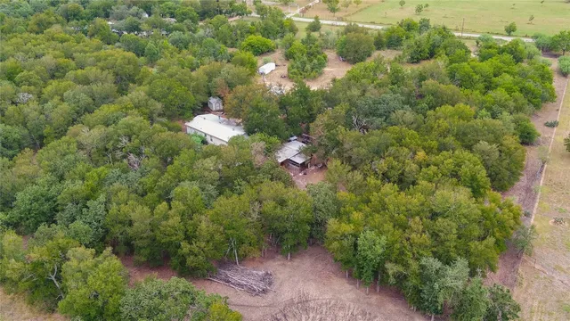 an aerial view of residential houses with outdoor space and trees