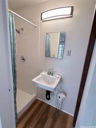 a bathroom with a sink a mirror a vanity and shower