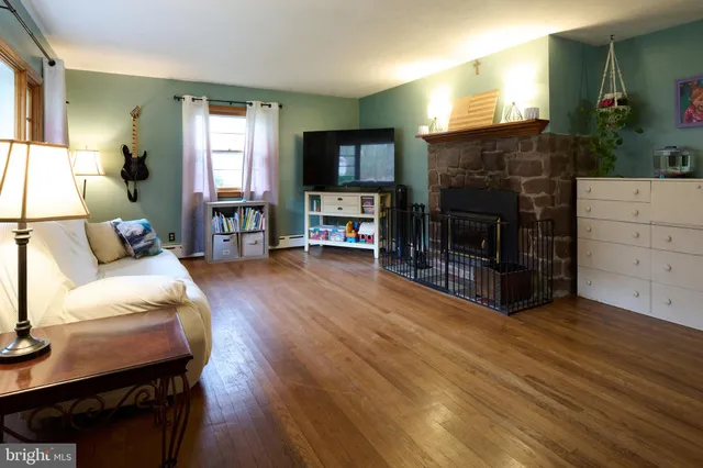 a living room with furniture and a fireplace