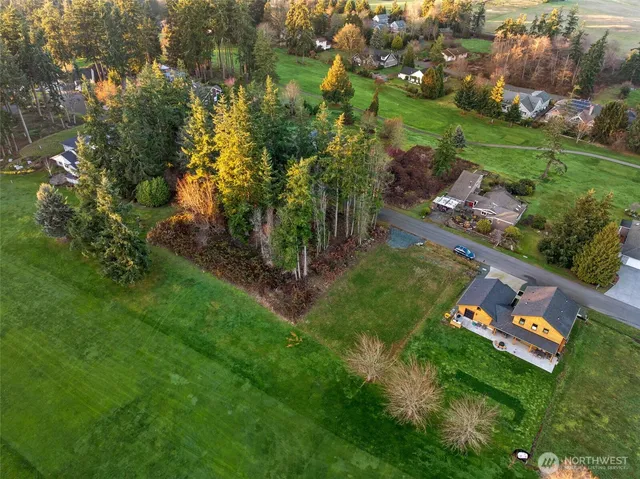 an aerial view of a house with yard