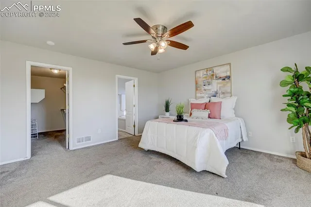 a bedroom with a bed and ceiling fan