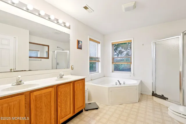 a bathroom with a tub a sink and mirror