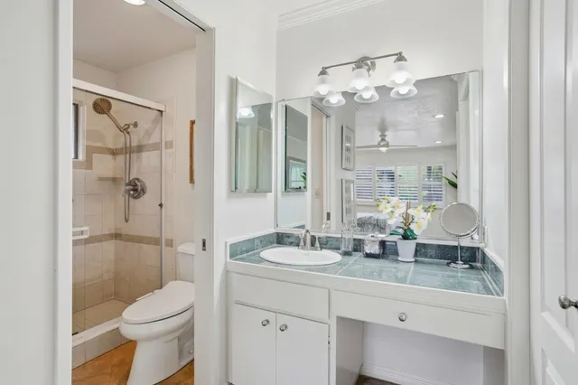 a bathroom with a sink a toilet a large mirror and shower