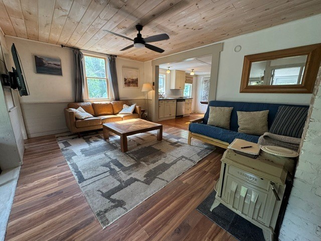 106 North Road South Kingstown, RI 02879 - Photo 11 of 36 Den with beautiful tongue and groove pine ceiling. Wood stove is disconnected, not operating.