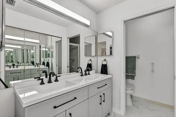 a bathroom with a sink a toilet and a mirror