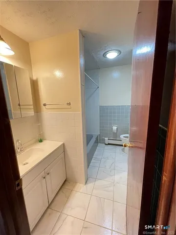 a bathroom with a sink a toilet and a shower