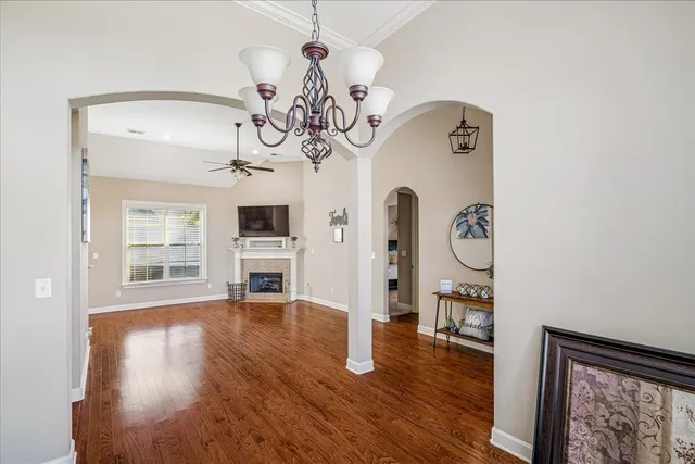a view of a livingroom with wooden floor