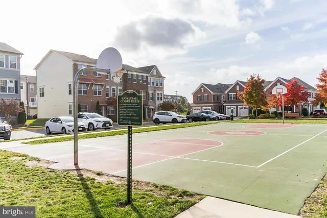 a view of a tennis ground with large trees