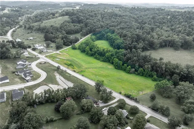 an aerial view of residential houses with outdoor space and trees