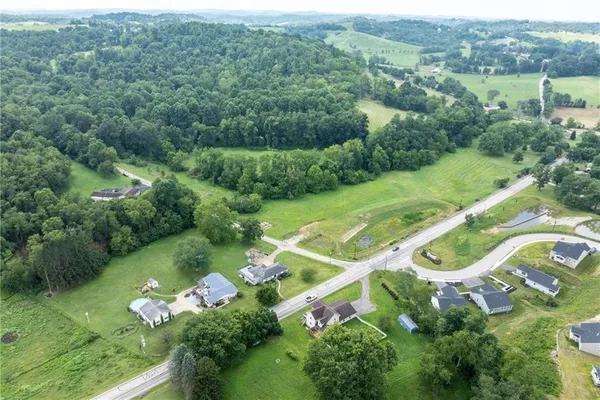 an aerial view of residential houses with outdoor space and trees