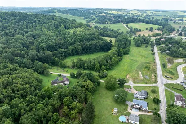 an aerial view of green landscape with trees houses and mountain view